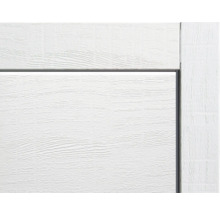 Gros plan sur une surface de porte de garage blanche avec veinures de bois
