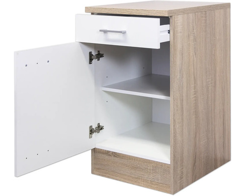 Meuble de salle de bains ouvert avec tiroir et étagères