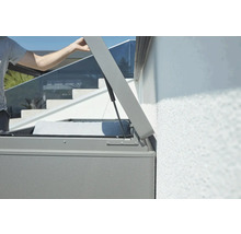 Coffre de rangement ouvert pour stocker des articles de jardinage