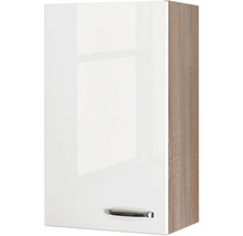 Hängeschrank mit weisser Front und Holzoptik-Seite