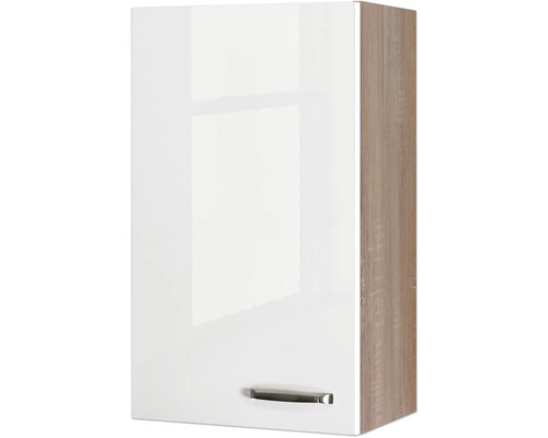 Hängeschrank mit weisser Front und Holzoptik-Seite