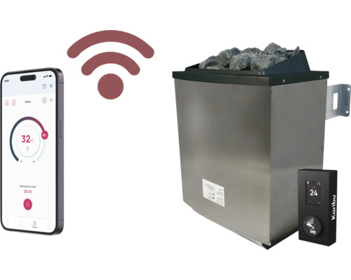 Poêle de sauna avec pierres, commande et smartphone pour le contrôle de la température