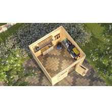 Vue de dessus d'une cabane de jardin avec outils et équipements