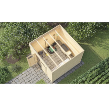 Vue extérieure d'un abri de jardin en bois avec outils de jardinage et tondeuse à gazon