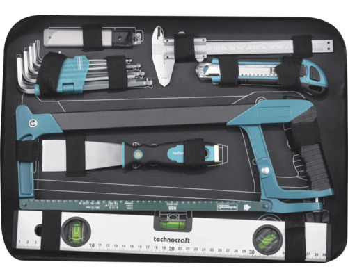 Set d''outils Technocraft en coffret avec cutter, clés Allen, pied à coulisse, spatule, scie à métaux et niveau à bulle