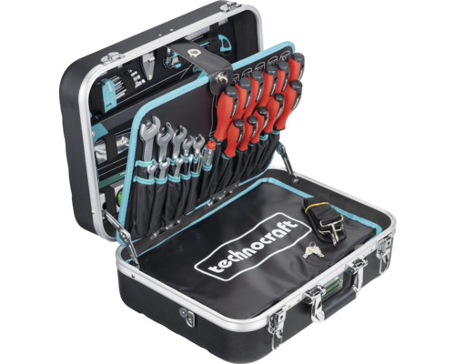 Mallette à outils ouverte avec clés, tournevis et autres outils