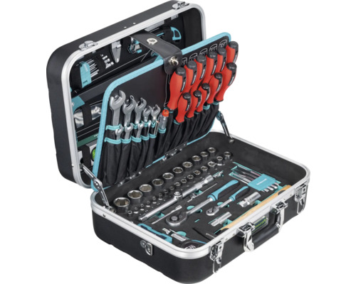 Boîte à outils ouverte avec clés, tournevis, douilles et autres outils