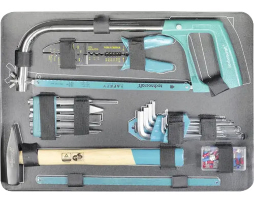 Werkzeugkoffer mit Hammer, Säge, Zange, Schraubenschlüssel und Bits