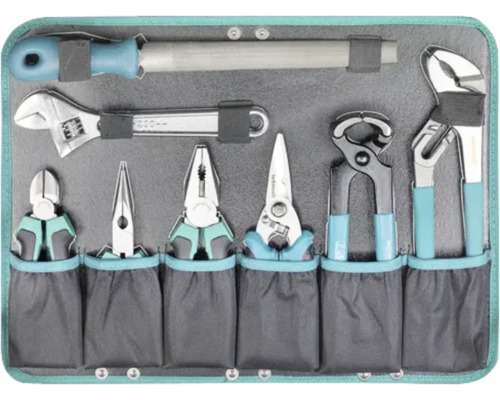 Sortiment an Zangen und Werkzeugen in einer grauen Werkzeugtasche