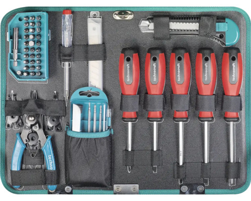 Werkzeugkoffer mit Schraubendrehern, Zange, Bitsatz und Messerschneider