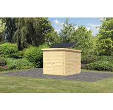 Abri de jardin avec système solaire en extérieur.