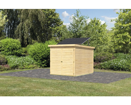 Abri de jardin avec système solaire en extérieur.