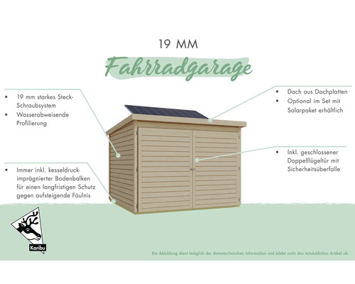 Fahrradgarage aus Holz mit Doppeltür und Solaranlage auf dem Dach