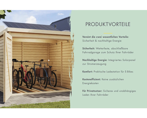 Fahrradgarage aus Holz mit Fahrrädern und Solarmodul