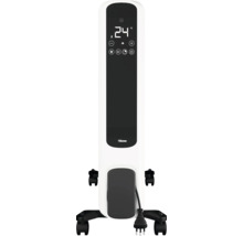 Weisser, mobiler Heizkörper mit digitaler Anzeige und Bedienelementen.