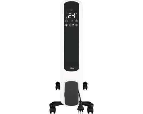 Weisser, mobiler Heizkörper mit digitaler Anzeige und Bedienelementen.