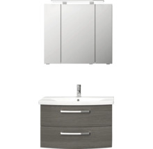 Badezimmermöbel-Set mit dreitürigem Spiegelschrank, LED-Leuchte und grauem Waschtischunterschrank mit weißem Waschbecken.