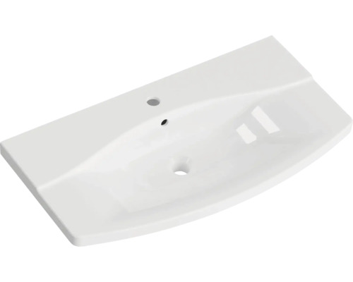 Möbelwaschtisch aus weißer Keramik mit einem Hahnloch und Überlauf, rechteckige Form mit gewölbter Vorderkante.