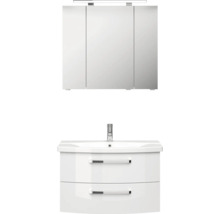 Modernes Badezimmermöbel-Set mit weißem Waschtischunterschrank, zwei Schubladen, Keramikwaschbecken, Armatur und dreitürigem LED-Spiegelschrank.