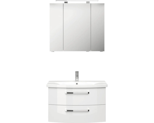 Modernes Badezimmermöbel-Set mit weißem Waschtischunterschrank, zwei Schubladen, Keramikwaschbecken, Armatur und dreitürigem LED-Spiegelschrank.