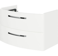 Weißer, gebogener Waschbeckenunterschrank mit zwei Schubladen und verchromten Griffen.