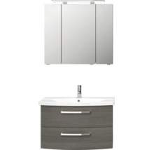 Badmöbel-Set mit dreitürigem Spiegelschrank, LED-Leuchte, weißem Waschbecken und Unterschrank in dunkler Holzoptik mit zwei Schubladen.