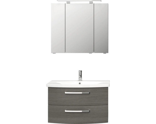 Badmöbel-Set mit dreitürigem Spiegelschrank, LED-Leuchte, weißem Waschbecken und Unterschrank in dunkler Holzoptik mit zwei Schubladen.