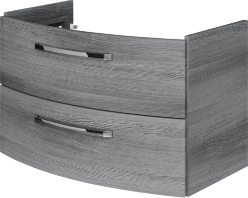 Geschwungener Waschtischunterschrank mit zwei Schubladen in Holzoptik und Metallgriffen.