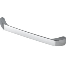 Moderner Möbelgriff aus verchromtem Metall in geschwungener Form.