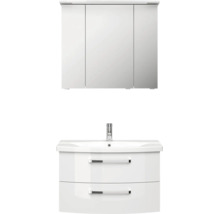 Badezimmermöbel-Set bestehend aus einem dreitürigen Spiegelschrank mit LED-Beleuchtung und einem weißen Waschtisch mit zwei Schubladen.