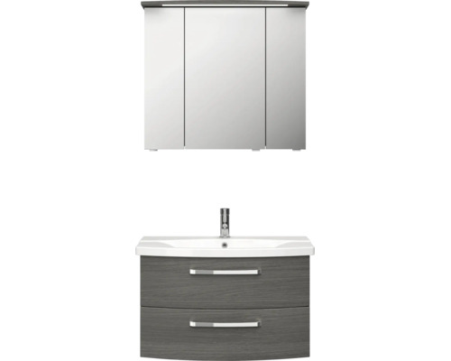 Modernes Badezimmermöbel-Set mit dreitürigem Spiegelschrank inklusive Beleuchtung, weißem Waschbecken und grauem Unterschrank mit zwei Schubladen.