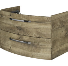 Waschbeckenunterschrank mit zwei Schubladen, geschwungene Front in Eiche-Optik und verchromten Griffen.