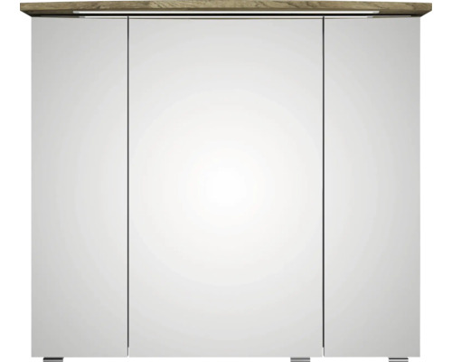Spiegelschrank fürs Badezimmer mit drei Spiegeltüren, LED-Beleuchtung und Abdeckung in Holzoptik.