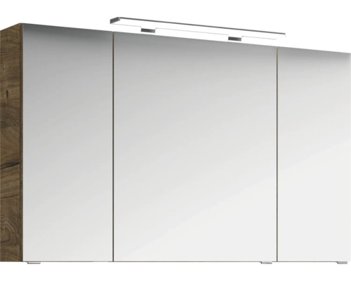 Dreitüriger Spiegelschrank mit LED-Beleuchtung und Korpus in Holzoptik.