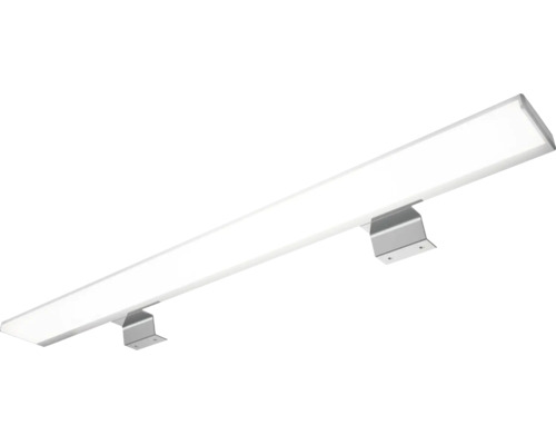 LED Möbelleuchte oder Spiegelleuchte in länglicher Form mit silberfarbenen Halterungen.