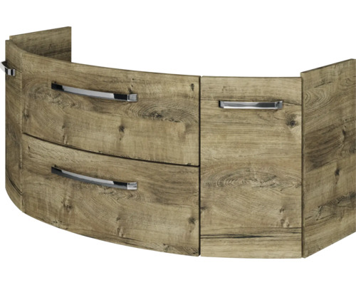 Gebogener Waschbeckenunterschrank in Eiche-Optik mit drei Auszügen und verchromten Griffen.