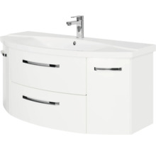 Waschtischunterschrank weiß mit integriertem Waschbecken, Armatur, zwei Schubladen und einer Tür, geschwungene Form.