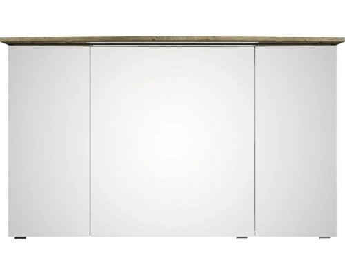 Dreitüriger Spiegelschrank mit oberer Holzkante für das Badezimmer.