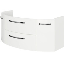 Gebogener Waschbeckenunterschrank in Weiß mit zwei Schubladen, einer Tür und verchromten Griffen.