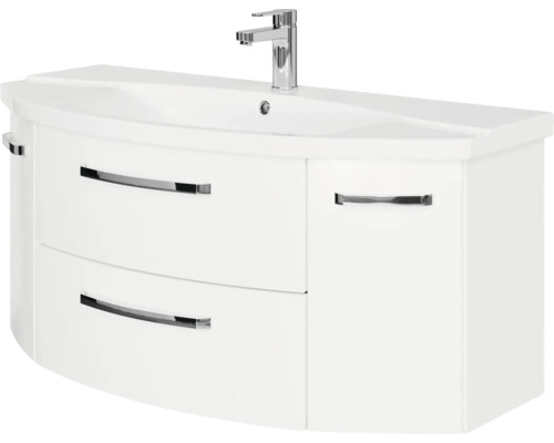 Waschtischunterschrank weiß mit integriertem Waschbecken, Armatur, zwei Schubladen und einer Tür, geschwungene Form.
