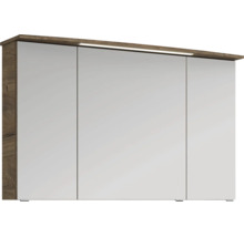 Dreitüriger Spiegelschrank für das Badezimmer mit integrierter LED Beleuchtung und einem Korpus in Holzoptik.