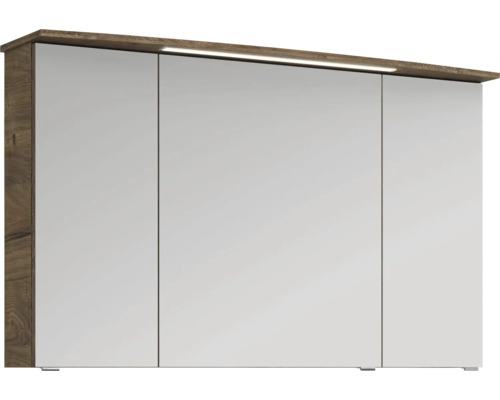 Dreitüriger Spiegelschrank für das Badezimmer mit integrierter LED Beleuchtung und einem Korpus in Holzoptik.