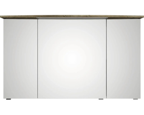 Dreitüriger Spiegelschrank für das Badezimmer mit integrierter LED-Beleuchtung und Abdeckung in Holzoptik.