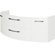 Gebogener Waschbeckenunterschrank mit zwei Schubladen und einer Tür, Weiß, Griffe in Chrom-Optik.