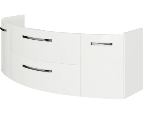 Gebogener Waschbeckenunterschrank mit zwei Schubladen und einer Tür, Weiß, Griffe in Chrom-Optik.