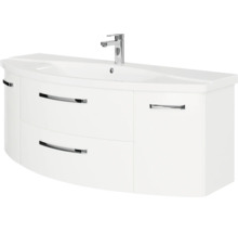 Waschtischunterschrank mit Waschbecken und Armatur, weiß gewölbt mit zwei Schubladen und zwei Türen.