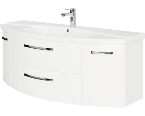 Waschtischunterschrank mit Waschbecken und Armatur, weiß gewölbt mit zwei Schubladen und zwei Türen.