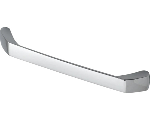 Moderner Möbelgriff aus verchromtem Metall in geschwungener Form.