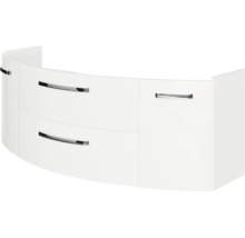 Gebogener weißer Waschbeckenunterschrank mit zwei Schubladen, einer Tür und verchromten Griffen.