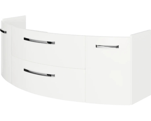 Gebogener weißer Waschbeckenunterschrank mit zwei Schubladen, einer Tür und verchromten Griffen.
